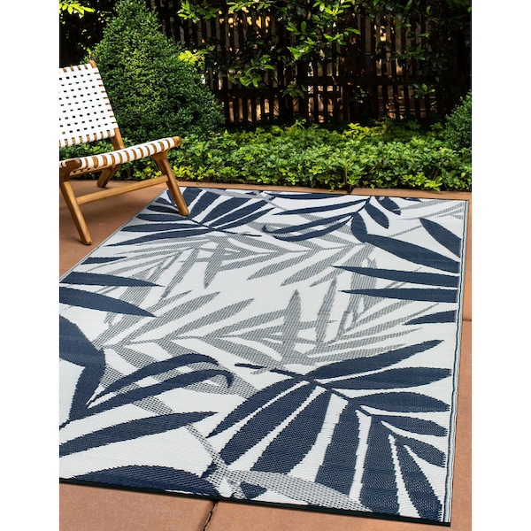 World Rug Gallery Contemporary Floral Leaves Reversible Recycled Plastic 3' X 5' Navy Outdoor Rug 6072NAVY3X5 - main